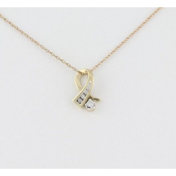10k Yellow Gold Diamond Ribbon Necklace 18" Chain - Picture 1 of 7